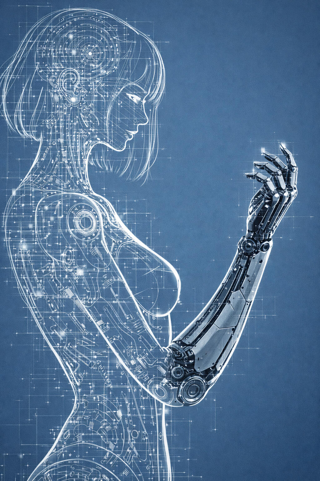Cybernetic Human Diagram A blue holographic wireframe of a cybernetic human, illustrating the intersection of machine learning, robotics and human based research.